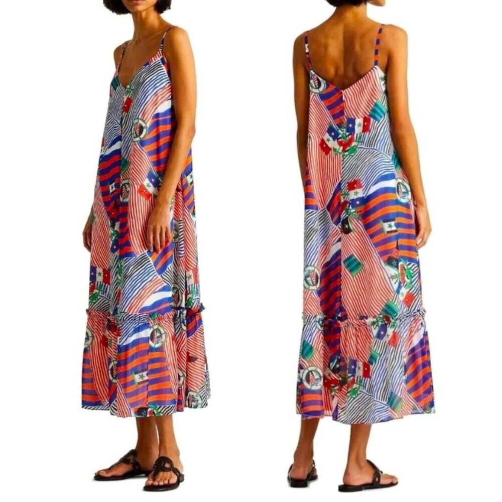 Ralph Lauren LRL Georgette Midi Dress Multi Nautical Patchwork Spaghetti Straps